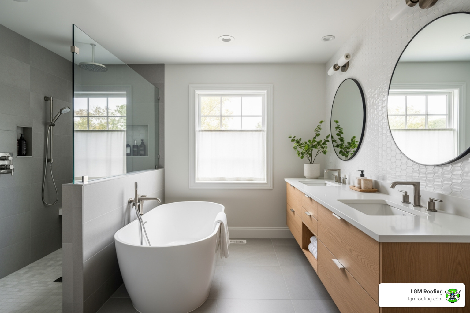 Infographic showing the key phases of bathroom remodeling: 1) Initial Consultation and Design 2) Material Selection and Permits 3) Demolition and Preparation 4) Plumbing and Electrical Work 5) Installation and Finishing 6) Final Walkthrough and Approval - best bathroom remodeling in montclair, nj Modern bathroom with freestanding tub, dual sinks, and glass shower, showcasing stylish design elements and natural light, reflecting quality bathroom remodeling in Montclair, NJ by LGM Roofing.