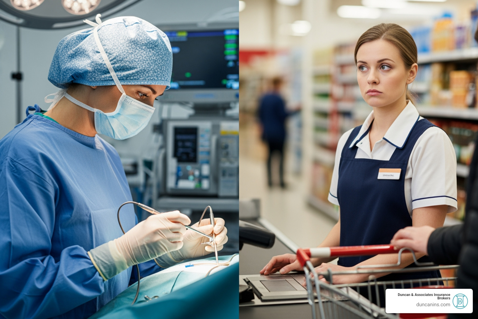 split screen showing professional in specific job vs generic desk job - long term disability insurance for self employed
