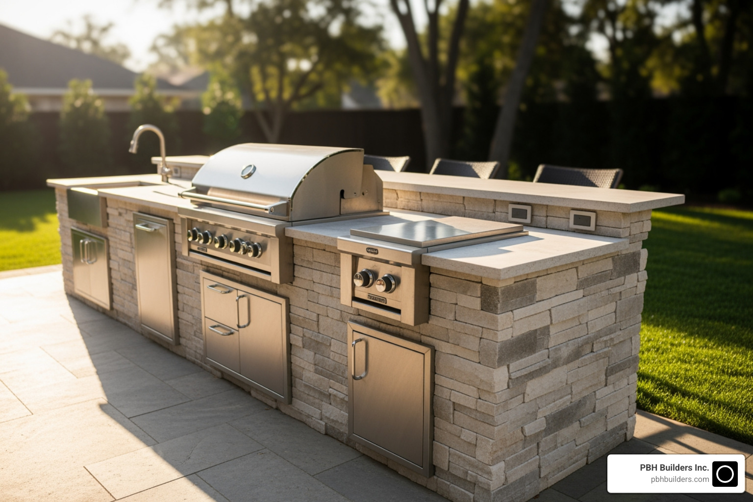 modern outdoor kitchen with stainless steel appliances and stone finish - San Marcos outdoor kitchens