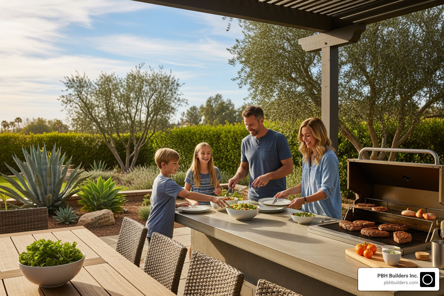 family enjoying a meal in an outdoor kitchen - San Marcos outdoor kitchens