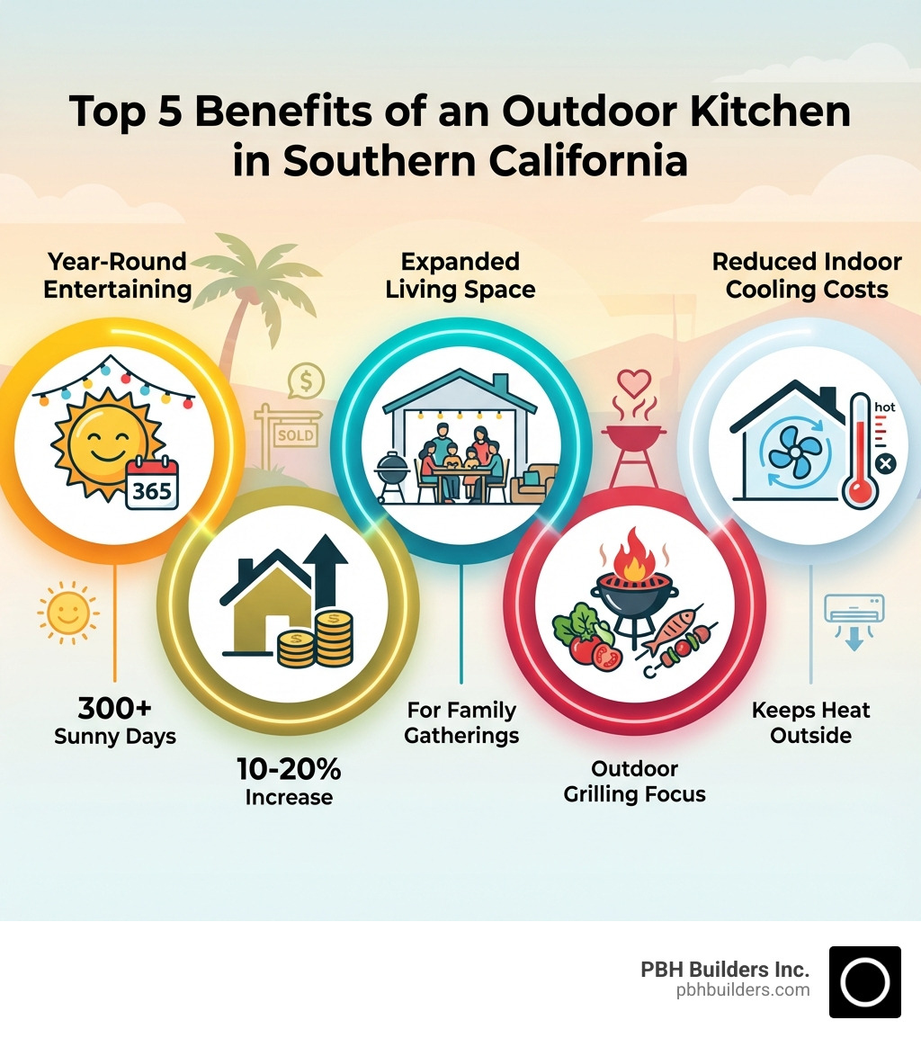Infographic showing the top 5 benefits of an outdoor kitchen in Southern California: Year-round entertaining with 300+ sunny days, 10-20% increase in home value, expanded living space for family gatherings, healthier cooking options with outdoor grilling, and reduced indoor cooling costs by keeping heat outside - San Marcos outdoor kitchens infographic 