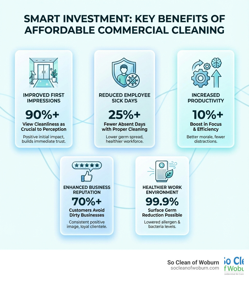 infographic showing key benefits of professional commercial cleaning including improved first impressions, reduced employee sick days, increased productivity, enhanced business reputation, and healthier work environment with icons and statistics - Affordable commercial cleaning infographic infographic showing key benefits of professional commercial cleaning including improved first impressions, reduced employee sick days, increased productivity, enhanced business reputation, and healthier work environment with icons and statistics - Affordable commercial cleaning infographic