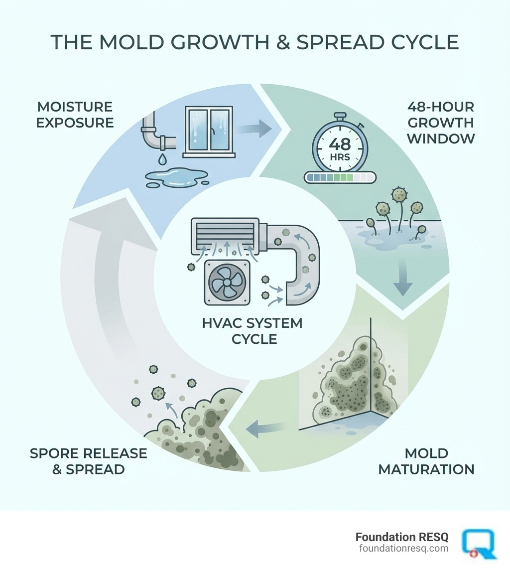 infographic showing the mold growth timeline from moisture exposure to spore release, including the 48-hour growth window, common moisture sources like leaks and condensation, and the cycle of spore spread through HVAC systems - how do you test for mold in your home infographic 