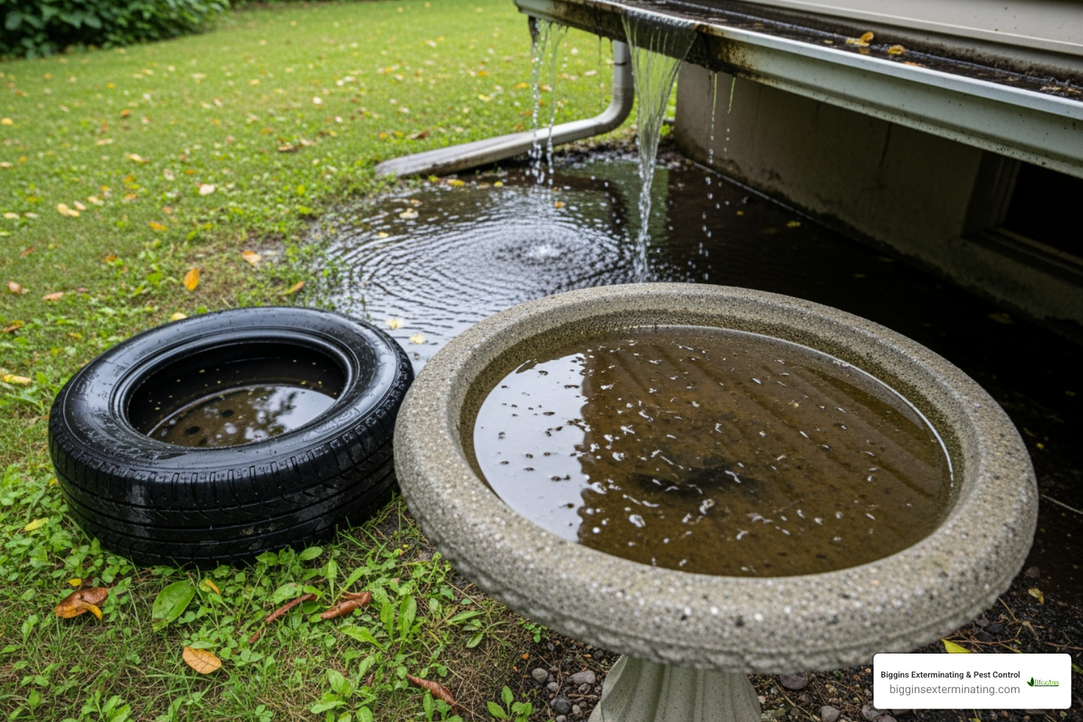 common mosquito breeding sites like a birdbath, clogged gutter, and old tire - Yard mosquito control common mosquito breeding sites like a birdbath, clogged gutter, and old tire - Yard mosquito control