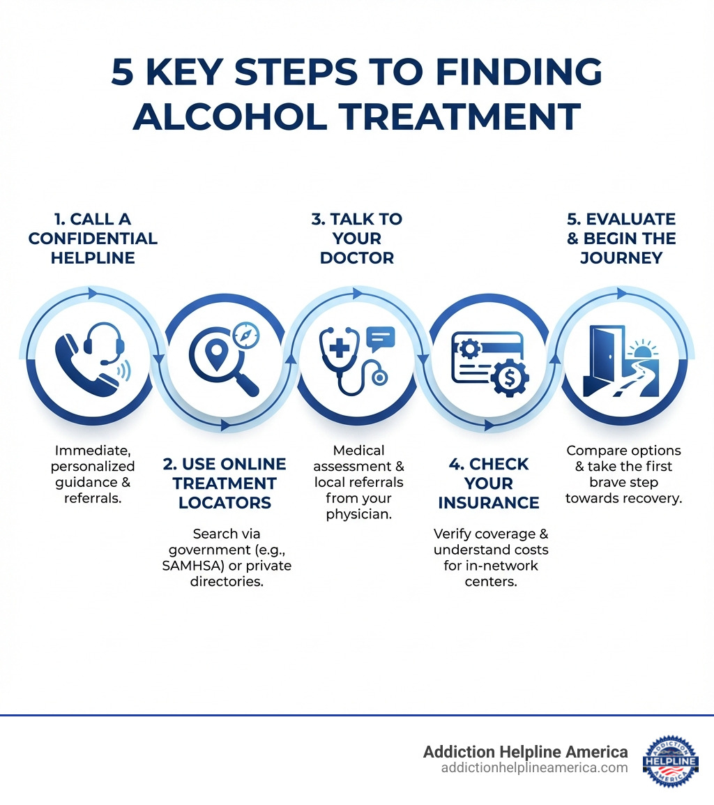 Infographic on 5 key steps to finding alcohol treatment - alcohol treatment center near me infographic Infographic on 5 key steps to finding alcohol treatment - alcohol treatment center near me infographic