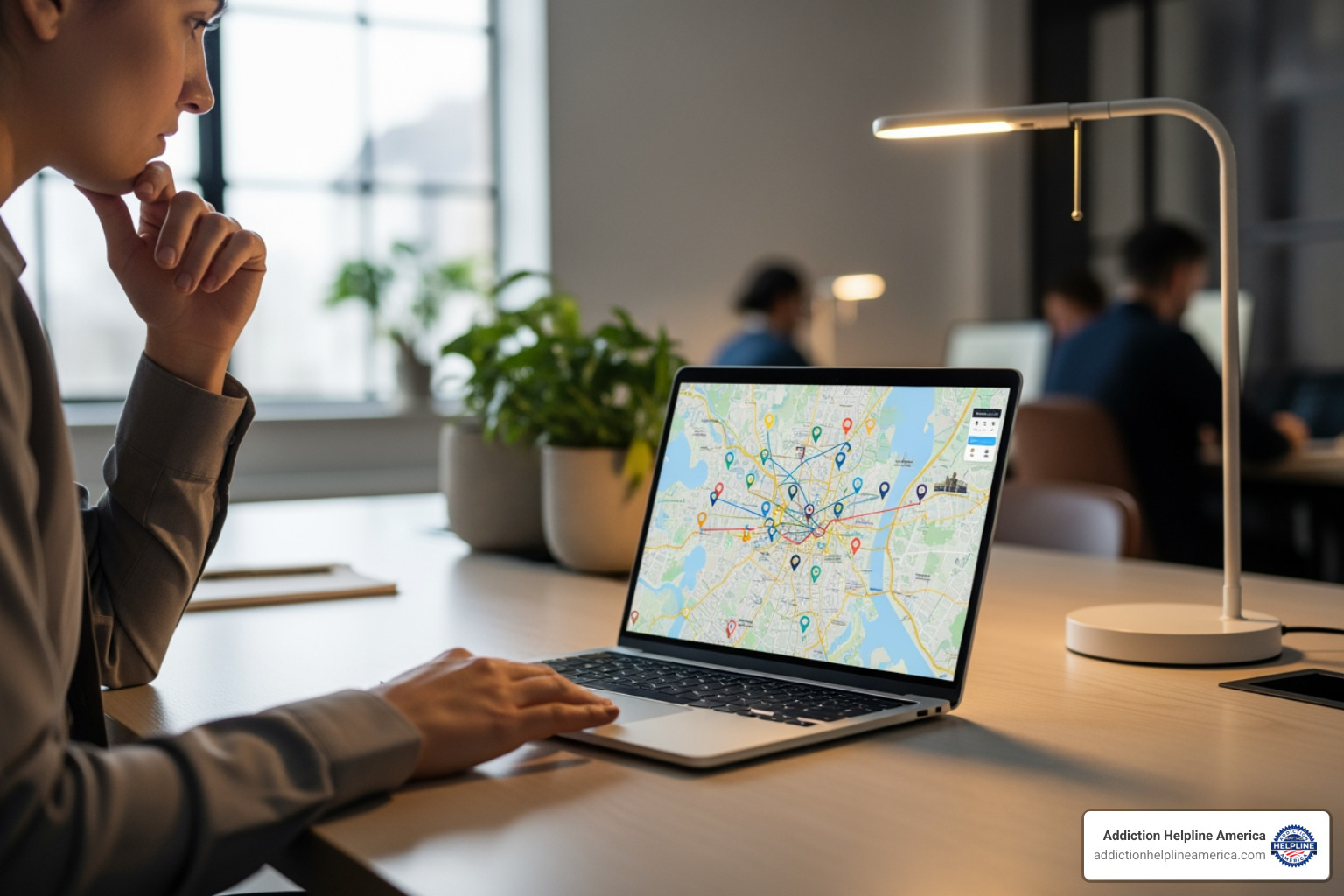 of a person looking thoughtfully at a laptop screen displaying a map with location pins - alcohol treatment center near me of a person looking thoughtfully at a laptop screen displaying a map with location pins - alcohol treatment center near me