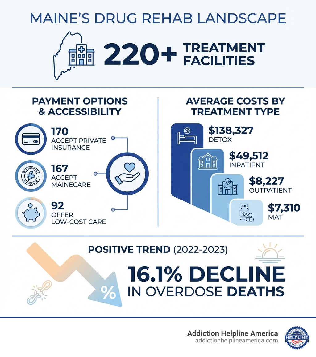 Infographic showing Maine's drug rehab landscape: 220+ treatment facilities across the state, breakdown of payment options (170 accept private insurance, 167 accept MaineCare, 92 offer low-cost care), average costs by treatment type (detox $138,327, inpatient $49,512, outpatient $8,227, MAT $7,310), and key statistics showing 16.1% decline in overdose deaths between 2022-2023, with icons representing different treatment levels from detox through aftercare - drug rehab Maine infographic pillar-4-steps Infographic showing Maine's drug rehab landscape: 220+ treatment facilities across the state, breakdown of payment options (170 accept private insurance, 167 accept MaineCare, 92 offer low-cost care), average costs by treatment type (detox $138,327, inpatient $49,512, outpatient $8,227, MAT $7,310), and key statistics showing 16.1% decline in overdose deaths between 2022-2023, with icons representing different treatment levels from detox through aftercare - drug rehab Maine infographic pillar-4-steps