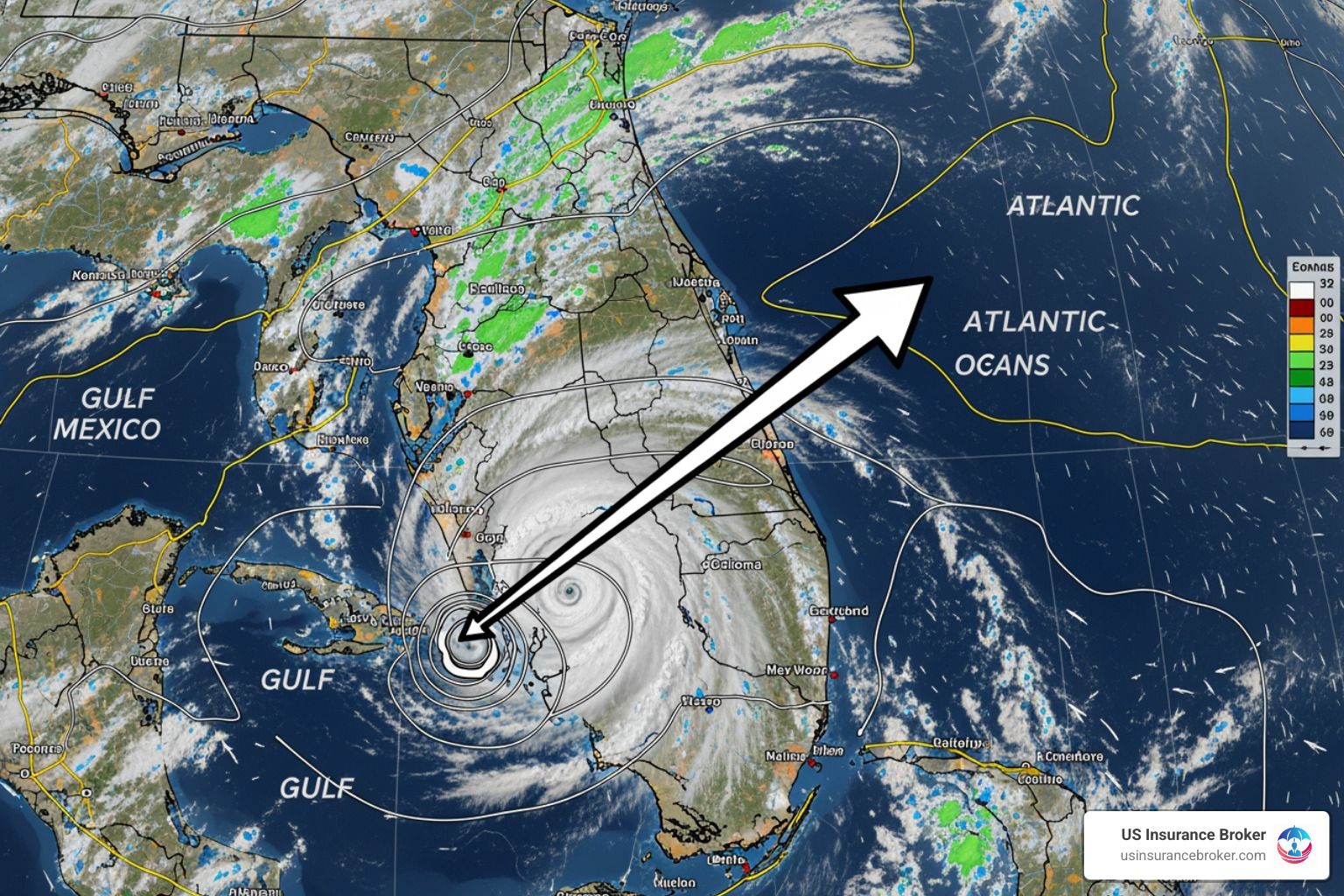 Weather map showing a hurricane approaching Florida - ormond beach home insurance Weather map showing a hurricane approaching Florida - ormond beach home insurance
