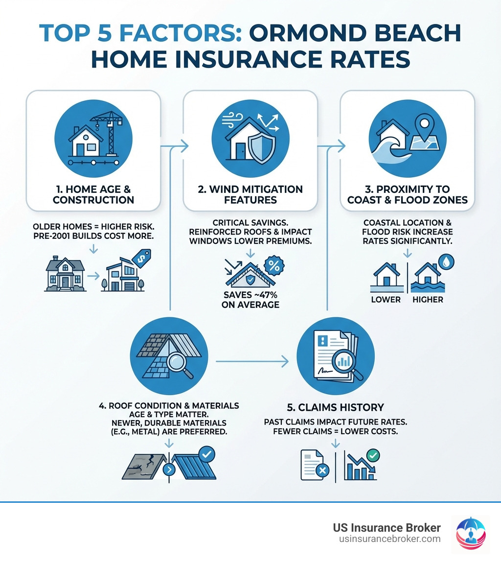 Infographic showing the top 5 factors affecting Ormond Beach home insurance rates: home age and construction year, wind mitigation features, proximity to coast and flood zones, roof condition and materials, and claims history - ormond beach home insurance infographic Infographic showing the top 5 factors affecting Ormond Beach home insurance rates: home age and construction year, wind mitigation features, proximity to coast and flood zones, roof condition and materials, and claims history - ormond beach home insurance infographic