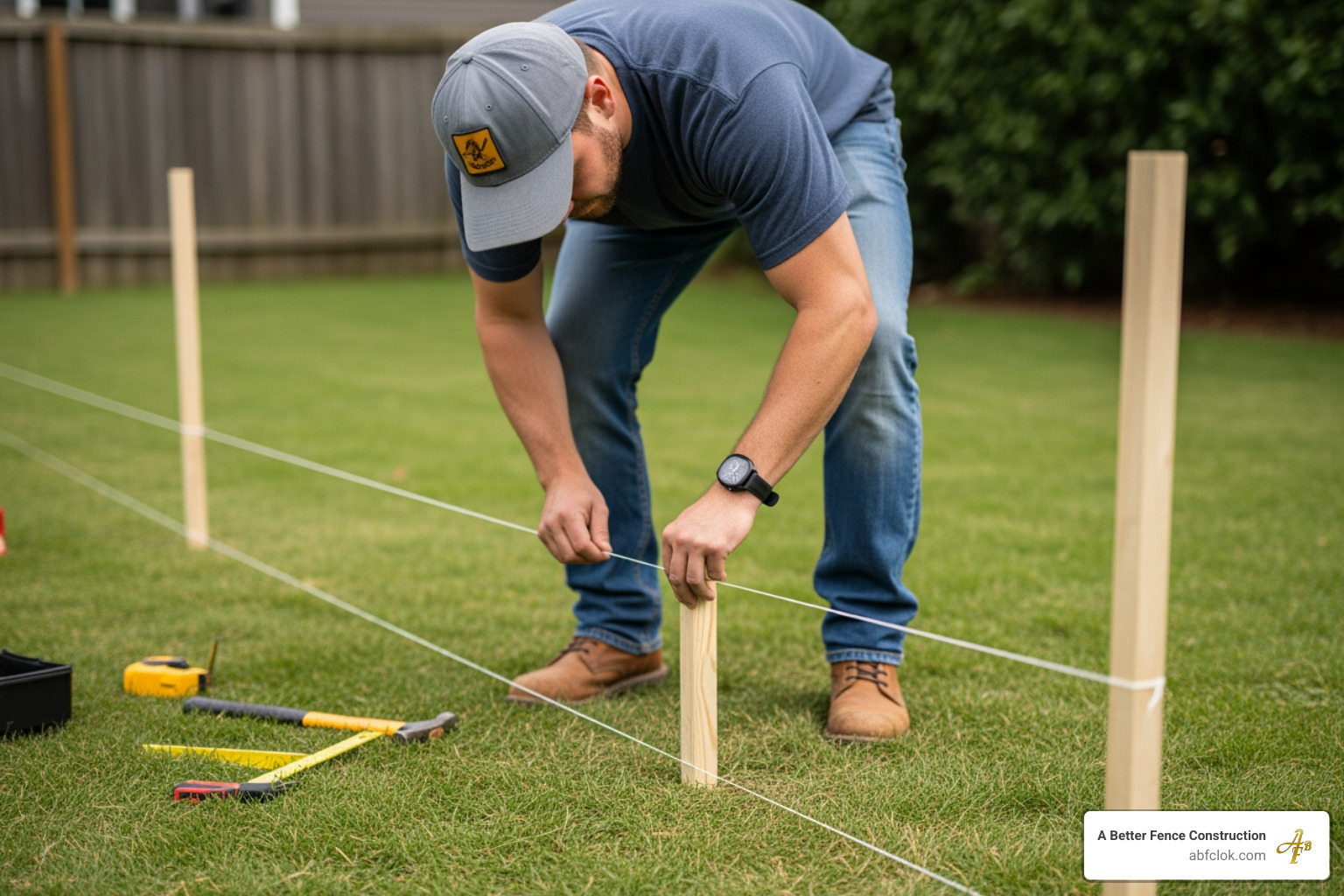 person using stakes and a string line to mark a fence layout - change chain link fence to vinyl person using stakes and a string line to mark a fence layout - change chain link fence to vinyl