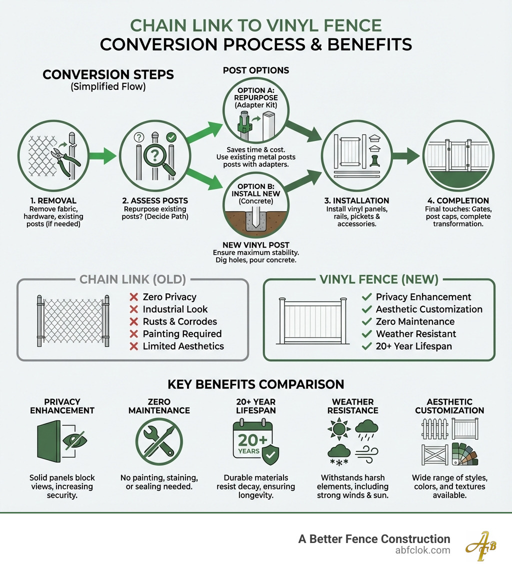 Infographic showing the conversion process from chain link to vinyl fence, including steps for removal of chain link fabric and posts, options for repurposing existing posts with adapters versus installing new posts in concrete, installation of vinyl panels and rails, and comparison of key benefits including privacy enhancement, zero maintenance requirements, 20+ year lifespan, weather resistance, and aesthetic customization options - change chain link fence to vinyl infographic Infographic showing the conversion process from chain link to vinyl fence, including steps for removal of chain link fabric and posts, options for repurposing existing posts with adapters versus installing new posts in concrete, installation of vinyl panels and rails, and comparison of key benefits including privacy enhancement, zero maintenance requirements, 20+ year lifespan, weather resistance, and aesthetic customization options - change chain link fence to vinyl infographic