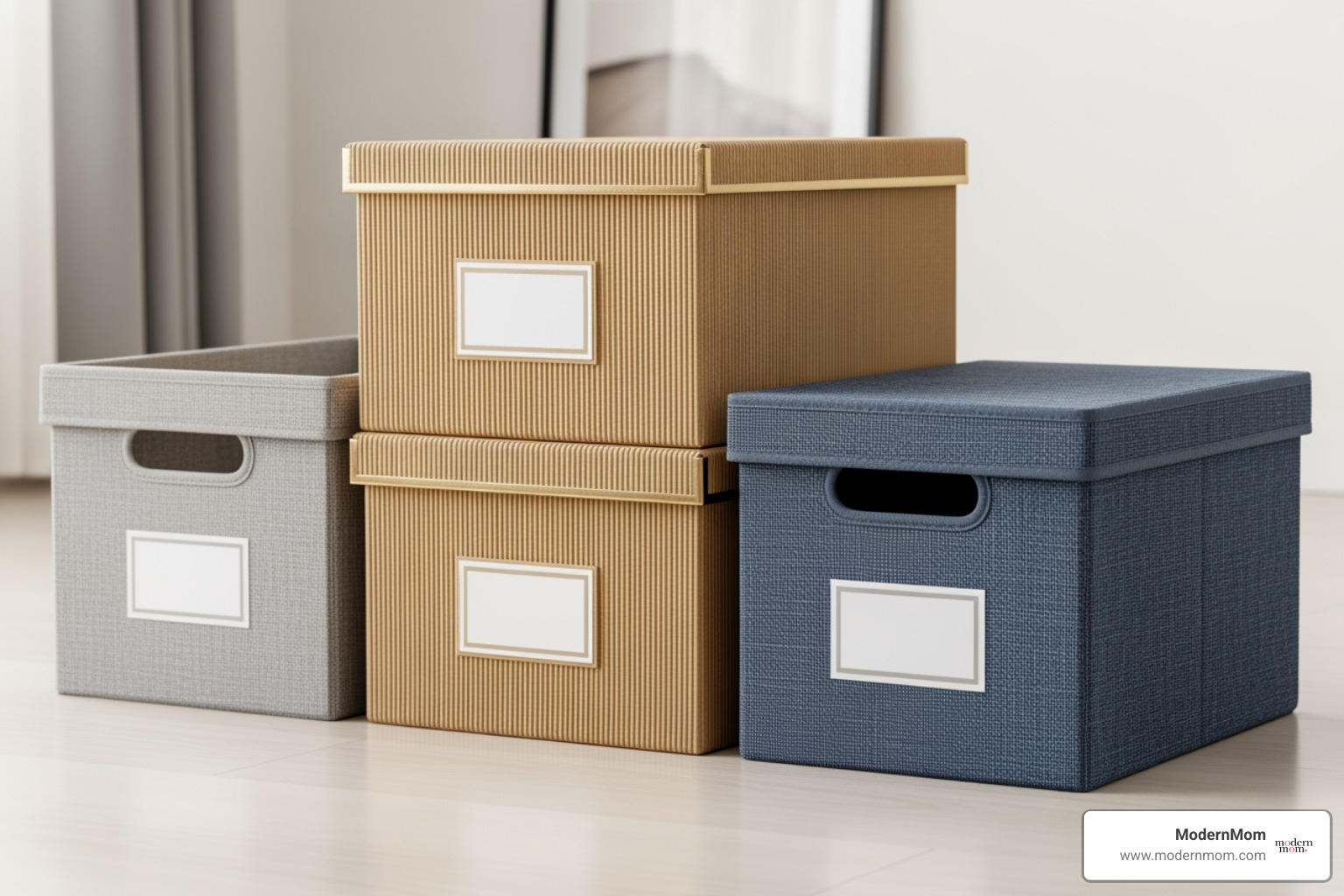 Four neatly labeled boxes (cardboard or fabric bins) - Four-box decluttering method