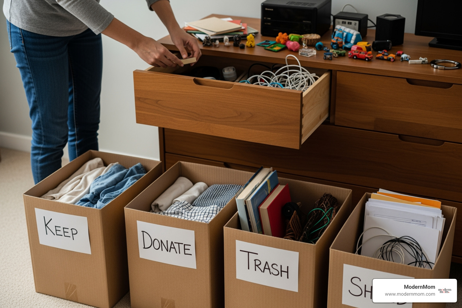 A person actively sorting items from a drawer into the four boxes - Four-box decluttering method