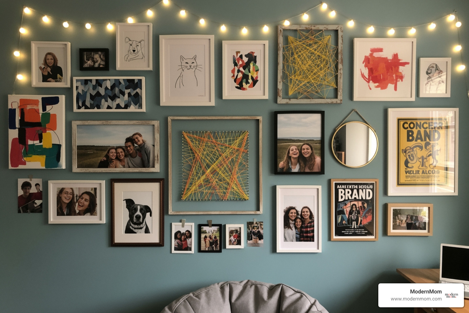 Creative gallery wall with diverse framed art, photos, and string art - DIY room decor teens