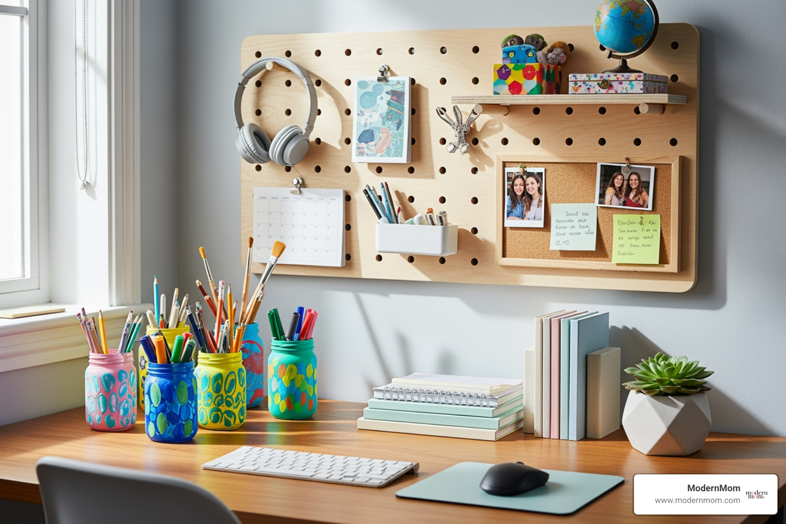 Tidy desk area with painted jars, pegboard, and organized supplies - DIY room decor teens