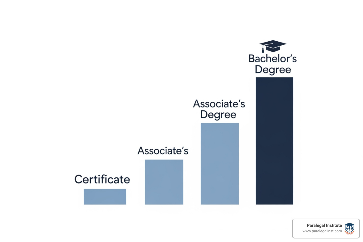 Chart comparing the relative time and financial investment for Certificates vs. Two-Year vs. Four-Year programs - paralegal tuition cost Chart comparing the relative time and financial investment for Certificates vs. Two-Year vs. Four-Year programs - paralegal tuition cost
