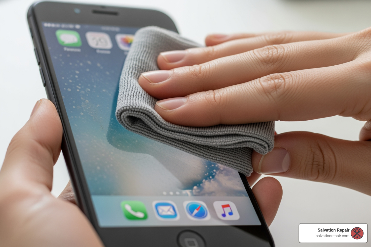 A hand gently wiping an iPhone screen with a soft microfiber cloth - iPhone screen not working A hand gently wiping an iPhone screen with a soft microfiber cloth - iPhone screen not working