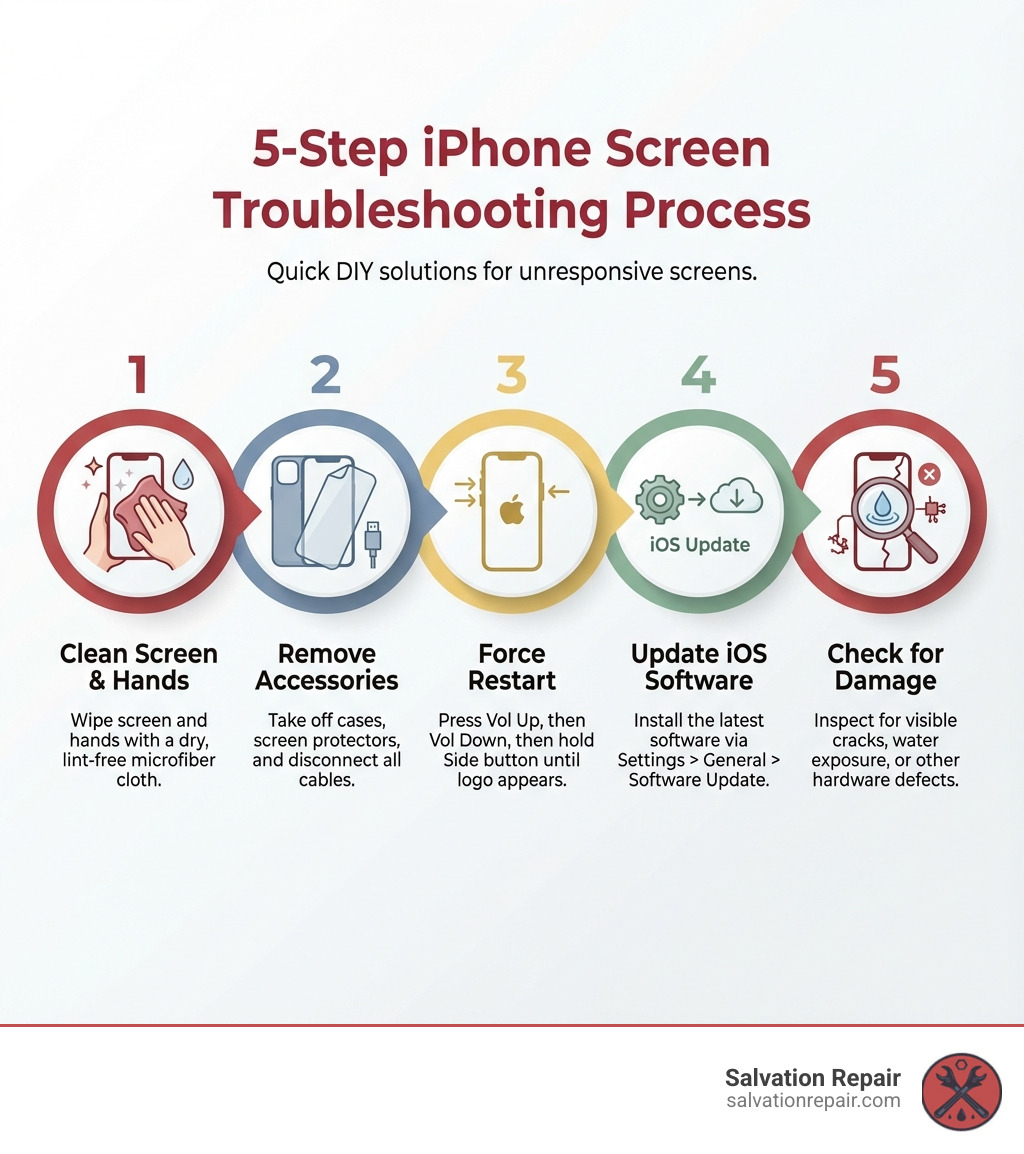 Infographic showing 5-step troubleshooting process: Step 1 - Clean screen and hands with microfiber cloth; Step 2 - Remove all cases, screen protectors and accessories; Step 3 - Force restart using button combination; Step 4 - Update iOS software to latest version; Step 5 - Check for visible cracks, water damage or hardware defects - iPhone screen not working infographic Infographic showing 5-step troubleshooting process: Step 1 - Clean screen and hands with microfiber cloth; Step 2 - Remove all cases, screen protectors and accessories; Step 3 - Force restart using button combination; Step 4 - Update iOS software to latest version; Step 5 - Check for visible cracks, water damage or hardware defects - iPhone screen not working infographic