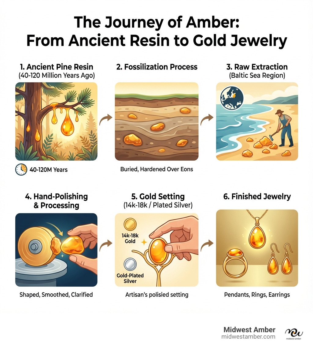 Infographic showing the journey of amber from ancient pine tree resin 40-120 million years ago, through fossilization process, to raw amber extraction from Baltic Sea region, hand-polishing and processing, setting in 14k-18k gold or gold-plated sterling silver, and finally becoming finished jewelry pieces like pendants, rings, and earrings - Amber in gold infographic Infographic showing the journey of amber from ancient pine tree resin 40-120 million years ago, through fossilization process, to raw amber extraction from Baltic Sea region, hand-polishing and processing, setting in 14k-18k gold or gold-plated sterling silver, and finally becoming finished jewelry pieces like pendants, rings, and earrings - Amber in gold infographic