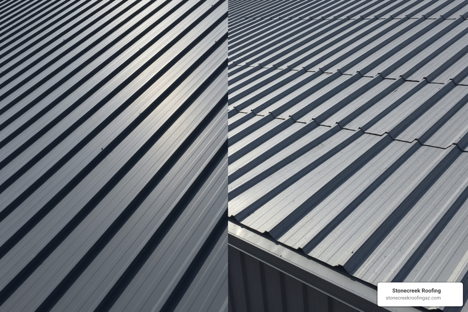 Image comparing a standing seam roof with clean, vertical lines and a corrugated metal roof with wavy, ribbed panels - metal roof installation phoenix Image comparing a standing seam roof with clean, vertical lines and a corrugated metal roof with wavy, ribbed panels - metal roof installation phoenix