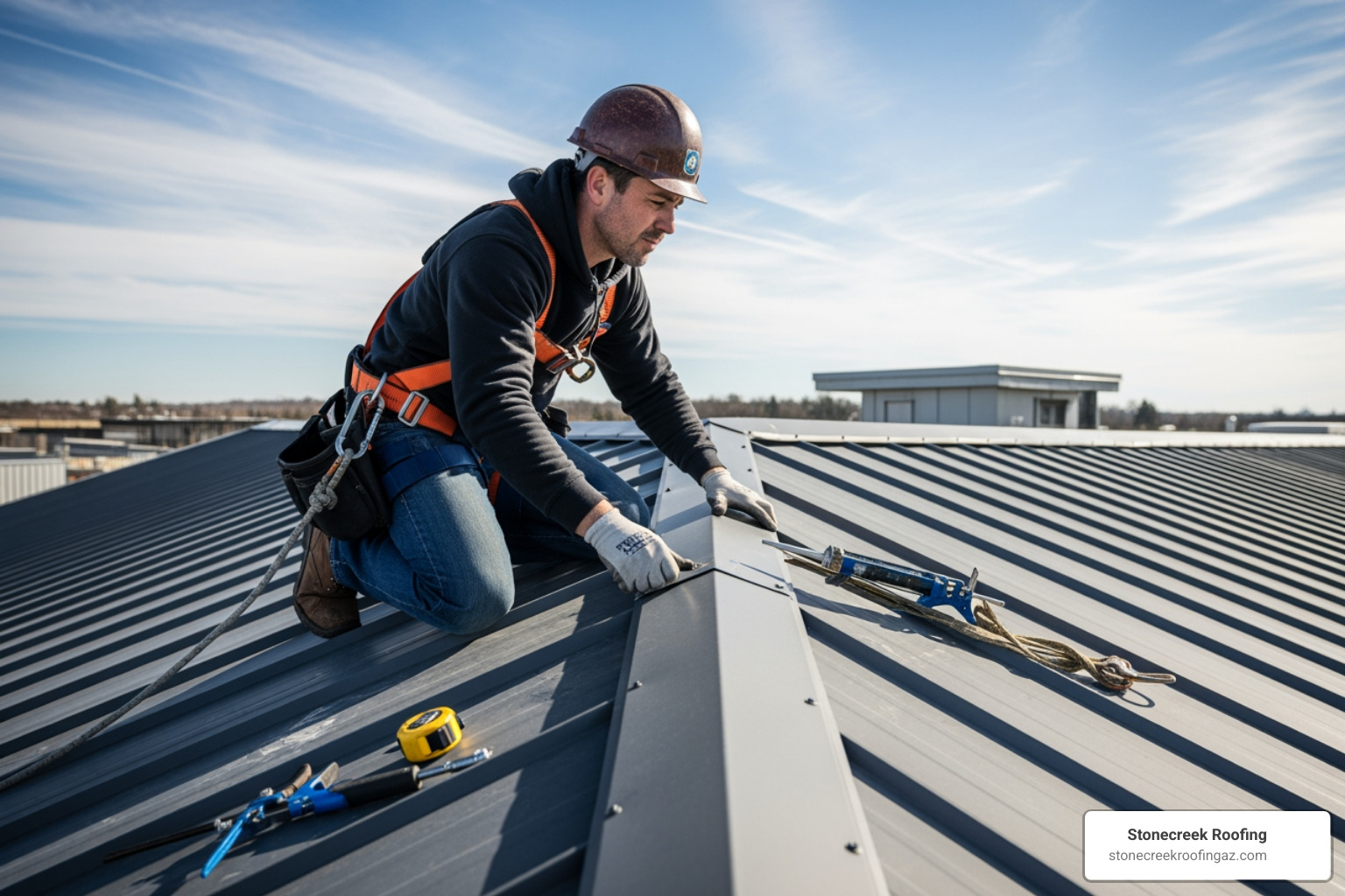A professional roofer wearing a hard hat and safety harness, making final inspections on a newly installed metal roof, checking seams and flashing with a keen eye - metal roof installation phoenix A professional roofer wearing a hard hat and safety harness, making final inspections on a newly installed metal roof, checking seams and flashing with a keen eye - metal roof installation phoenix