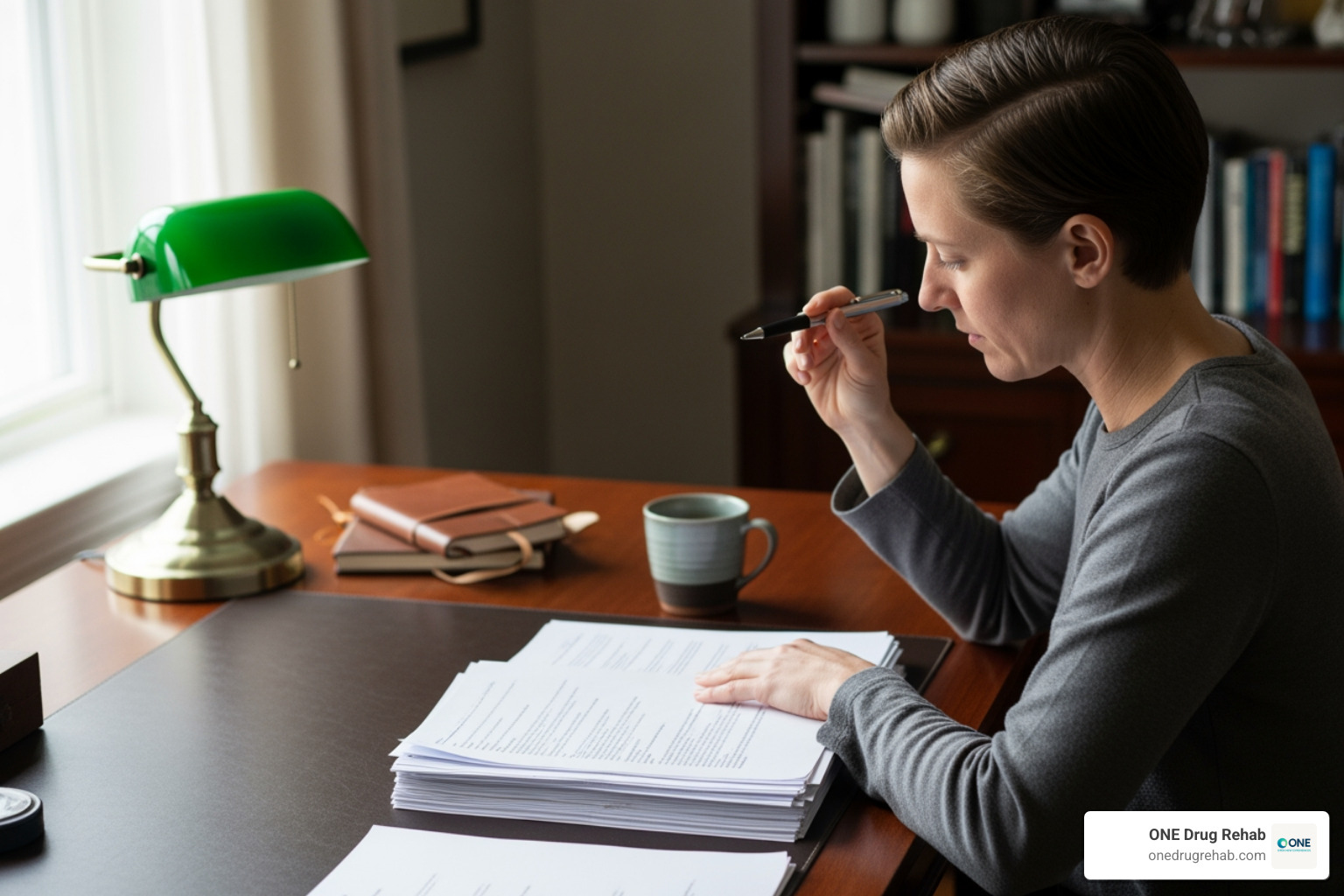 person discreetly reviewing paperwork in a calm setting - rehab for professionals