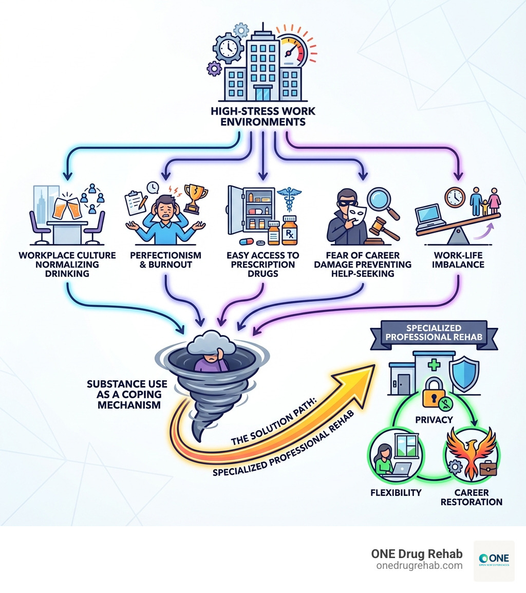 infographic showing the unique pressures professionals face leading to substance use: high-stress work environments at the top, branching to workplace culture normalizing drinking, perfectionism and burnout, easy access to prescription drugs, fear of career damage preventing help-seeking, and work-life imbalance, all converging toward substance use as a coping mechanism, with a highlighted path showing specialized professional rehab as the solution offering privacy, flexibility, and career restoration - rehab for professionals infographic 