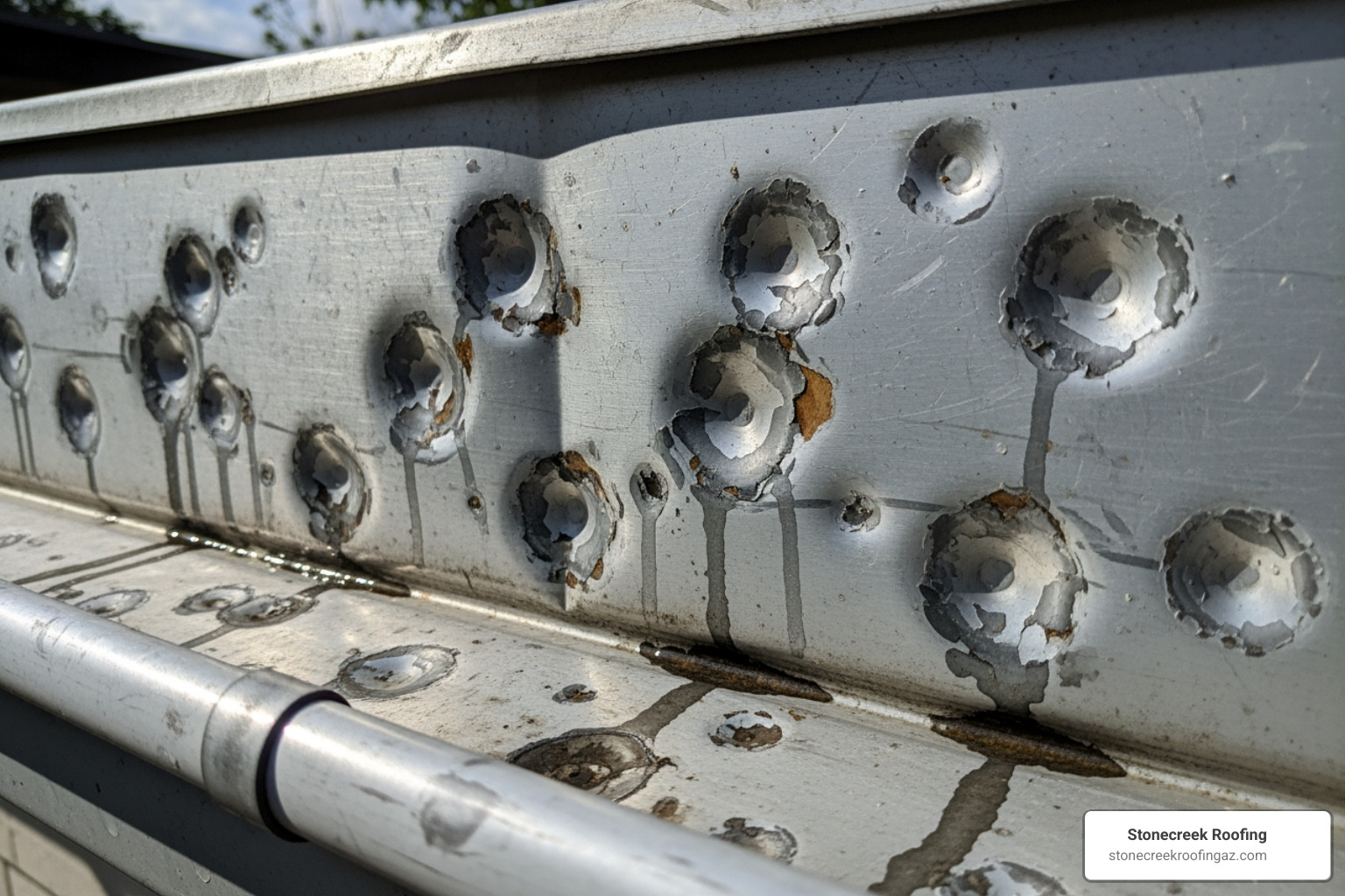 dented gutter after hailstorm - roof hail damage inspection dented gutter after hailstorm - roof hail damage inspection