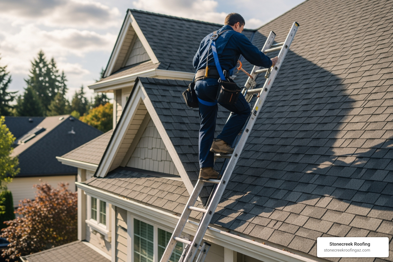 person safely inspecting a roof with proper gear - roof hail damage inspection person safely inspecting a roof with proper gear - roof hail damage inspection