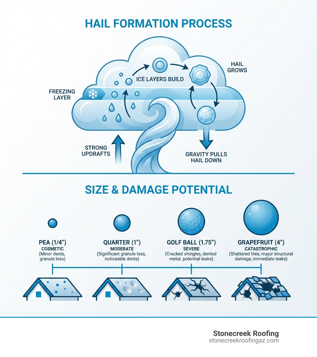 infographic showing hail formation process from thunderstorm updrafts through freezing layers, with size comparisons from pea-sized quarter-inch hail to grapefruit-sized four-inch hail, and corresponding damage potential for each size - roof hail damage inspection infographic infographic showing hail formation process from thunderstorm updrafts through freezing layers, with size comparisons from pea-sized quarter-inch hail to grapefruit-sized four-inch hail, and corresponding damage potential for each size - roof hail damage inspection infographic