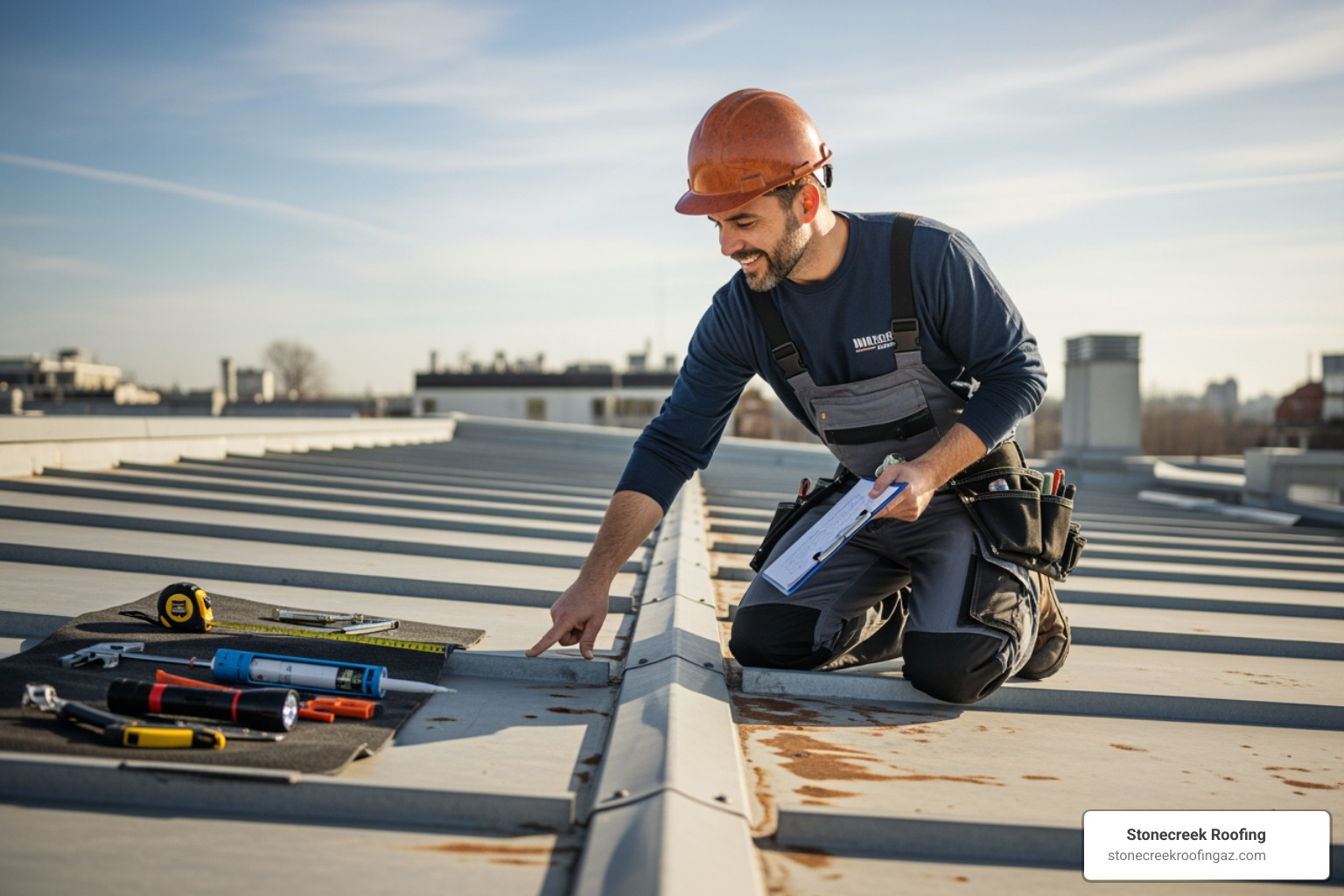 friendly roofing expert inspecting a flat roof - flat metal roof cost friendly roofing expert inspecting a flat roof - flat metal roof cost