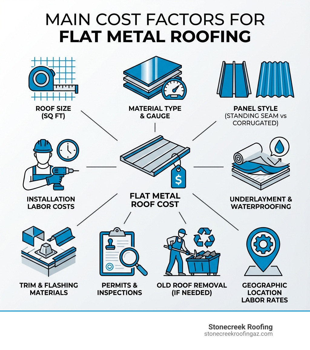 Infographic showing the main cost factors for flat metal roofing: roof size in square feet, material type and gauge, panel style (standing seam vs corrugated), installation labor costs, underlayment and waterproofing, trim and flashing materials, permits and inspections, old roof removal if needed, and geographic location labor rates - flat metal roof cost infographic Infographic showing the main cost factors for flat metal roofing: roof size in square feet, material type and gauge, panel style (standing seam vs corrugated), installation labor costs, underlayment and waterproofing, trim and flashing materials, permits and inspections, old roof removal if needed, and geographic location labor rates - flat metal roof cost infographic