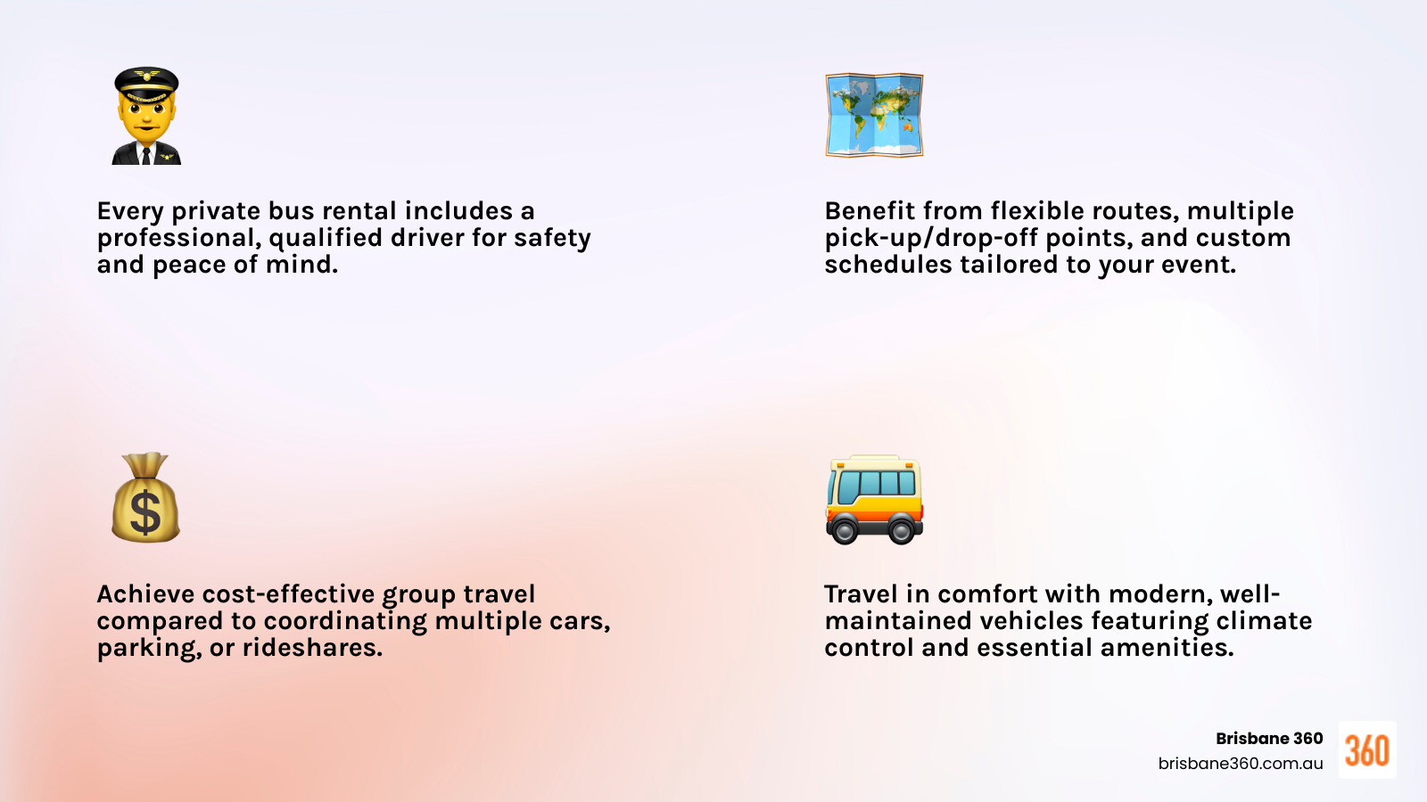 infographic showing benefits of private bus hire: cost-effective, stress-free coordination, professional driver included, flexible routes, onboard comfort, safer than multiple cars, environmentally friendly - private bus rental infographic 4_facts_emoji_light-gradient