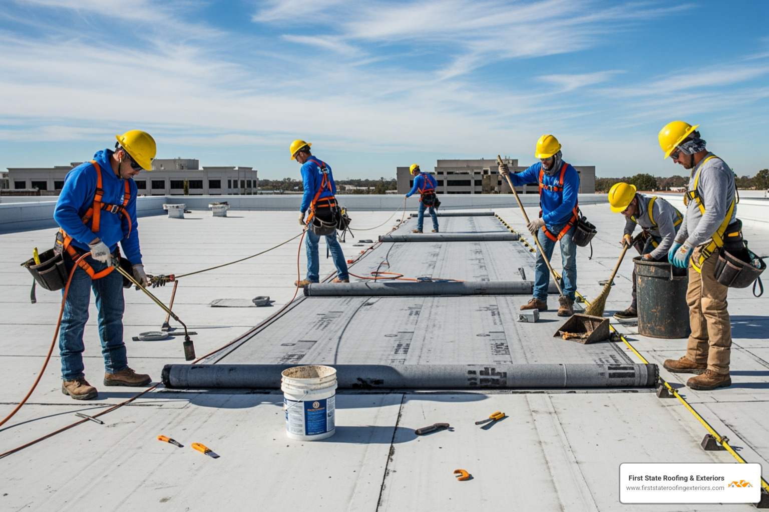 Professional roofing crew in safety gear working on a commercial roof - commercial roofing contractor dover de
