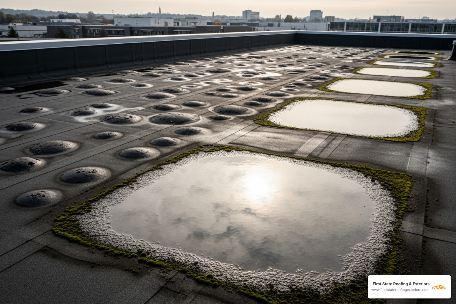 commercial roof showing clear signs of damage like blistering and ponding water - commercial roofing contractor dover de