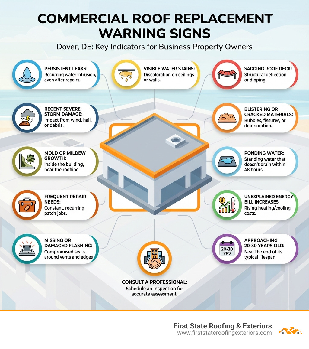 Infographic showing the key warning signs that indicate a commercial roof in Dover, DE needs replacement, including persistent leaks, visible water stains on ceilings, sagging roof deck, blistering or cracked roofing materials, ponding water that doesn't drain, unexplained increases in energy bills, a roof approaching 20-30 years old, missing or damaged flashing around vents and edges, frequent repair needs, mold or mildew growth inside the building, and recent severe storm damage - commercial roofing contractor dover de infographic 