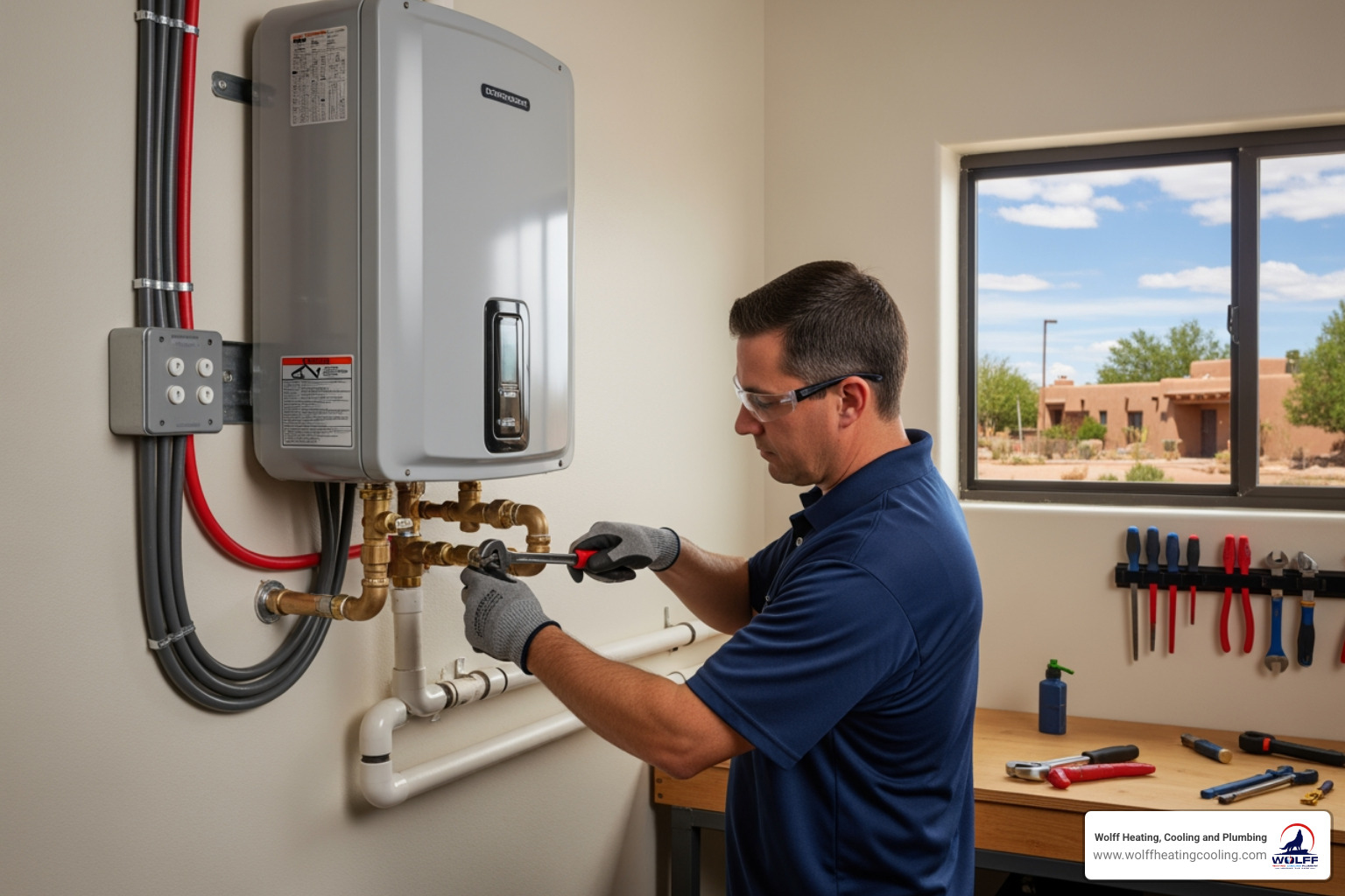 Infographic comparing commercial tankless water heaters to traditional tank systems, showing energy savings of up to 30 percent, space savings from wall-mounted design, endless hot water supply with no storage tank, lifespan of 20 plus years versus 10 years for tanks, and reduced operational costs for Albuquerque businesses including restaurants hotels and laundromats - commercial tankless water heater installation in albuquerque, nm Infographic comparing commercial tankless water heaters to traditional tank systems, showing energy savings of up to 30 percent, space savings from wall-mounted design, endless hot water supply with no storage tank, lifespan of 20 plus years versus 10 years for tanks, and reduced operational costs for Albuquerque businesses including restaurants hotels and laundromats - commercial tankless water heater installation in albuquerque, nm