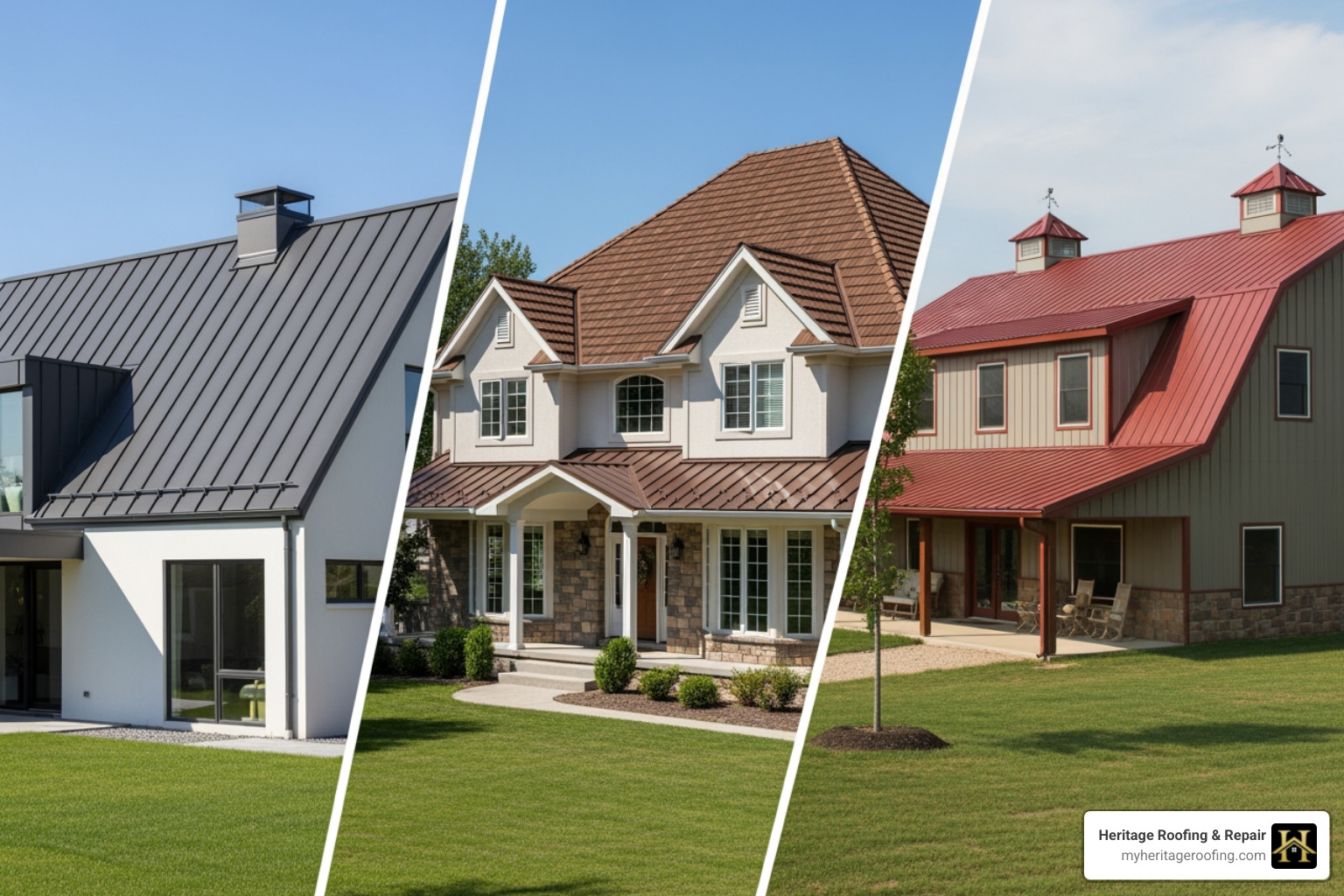collage showcasing different metal roof styles: standing seam on a modern home, metal shingles on a traditional home, and R-panel on a barndominium - metal roofing northwest arkansas collage showcasing different metal roof styles: standing seam on a modern home, metal shingles on a traditional home, and R-panel on a barndominium - metal roofing northwest arkansas