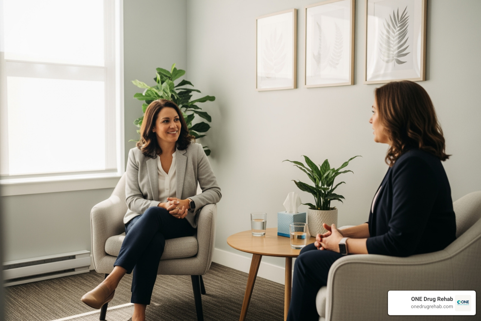 a one-on-one counseling session in a calm, professional office - Female rehab centers