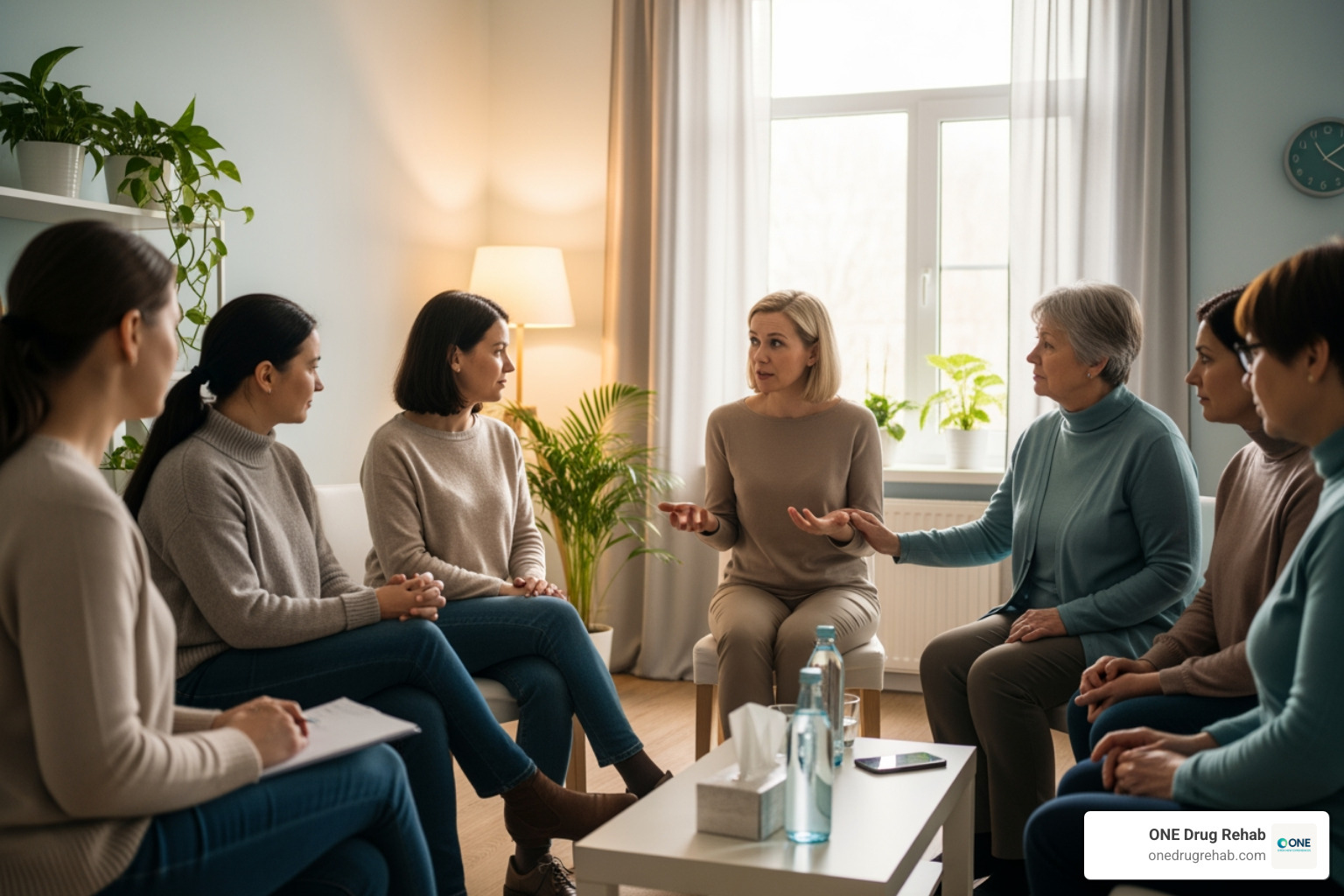 a supportive group therapy session with women of various ages sharing and listening - Female rehab centers