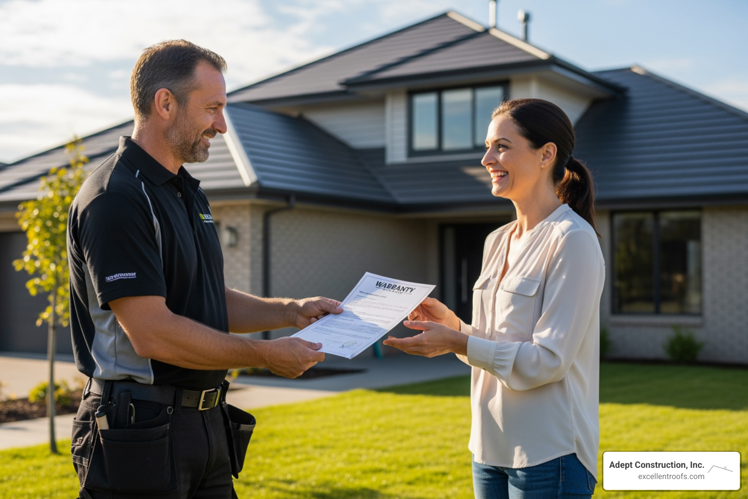 professional roofer handing a happy homeowner a warranty document - Best roof repair professional roofer handing a happy homeowner a warranty document - Best roof repair
