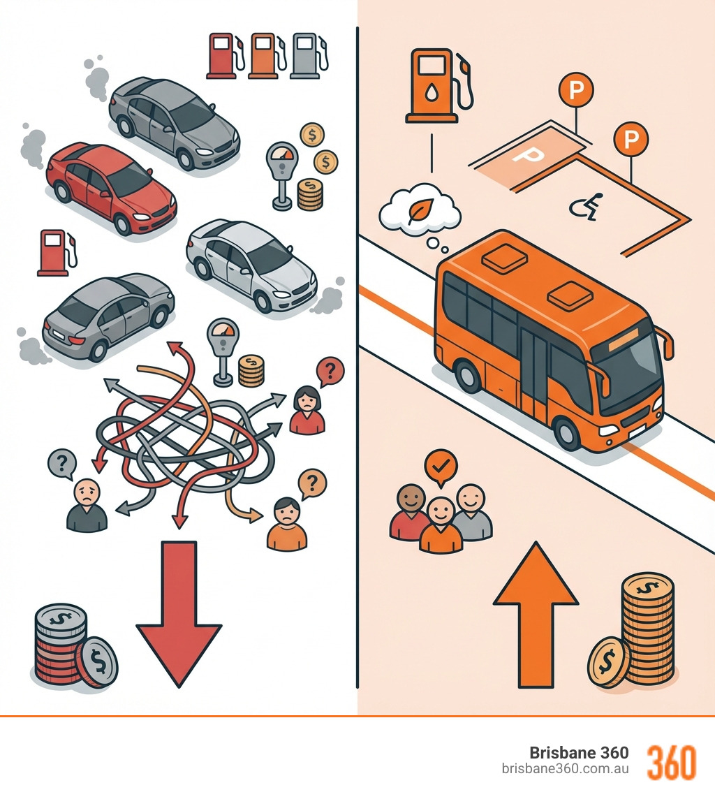 Infographic comparing private mini bus hire with multiple cars showing cost savings, reduced carbon emissions, easier coordination, and improved group experience - Brisbane mini bus hire infographic 