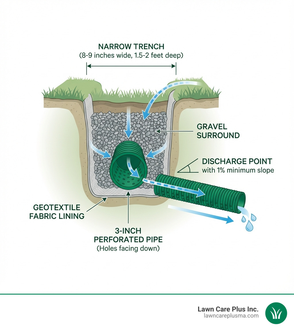 Infographic showing a cross-section of a small French drain system with labeled components: narrow trench (8-9 inches wide, 1.5-2 feet deep), geotextile fabric lining, 3-inch perforated pipe with holes facing down, gravel surround, and discharge point with 1% minimum slope - small french drain pipe infographic 