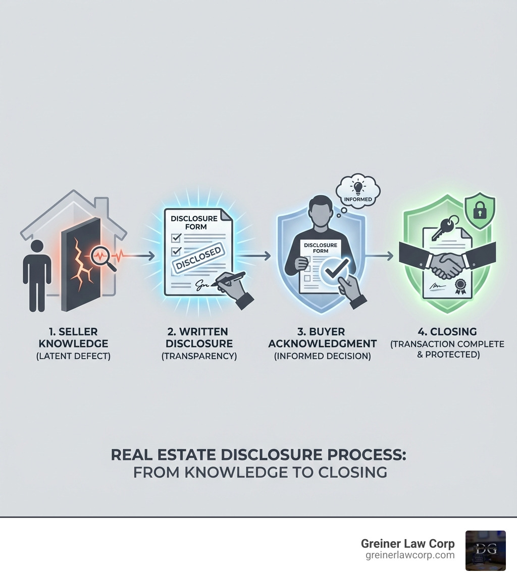 infographic showing the real estate disclosure process from seller knowledge of defect to written disclosure to buyer acknowledgment and closing - Real estate non-disclosure infographic infographic showing the real estate disclosure process from seller knowledge of defect to written disclosure to buyer acknowledgment and closing - Real estate non-disclosure infographic