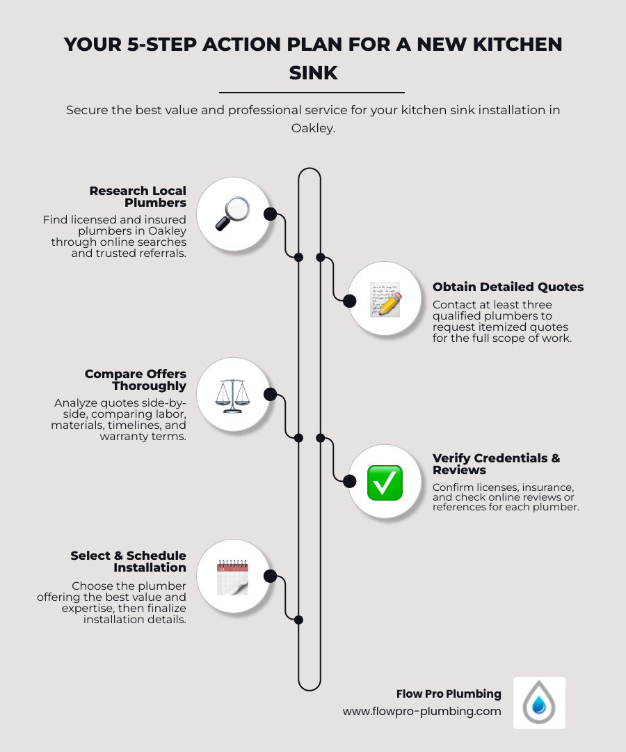 infographic showing the step-by-step process for getting plumber quotes in Oakley: Step 1 shows homeowner researching local licensed plumbers online and through referrals, Step 2 shows contacting three plumbers for detailed quotes, Step 3 shows comparing itemized quotes side by side including labor materials timeline and warranty, Step 4 shows verifying credentials licenses insurance and reviews, Step 5 shows selecting the best value plumber and scheduling installation - "I need quotes from a few plumbers in Oakley to install a new sink in my kitchen." infographic infographic-line-5-steps-elegant_beige infographic showing the step-by-step process for getting plumber quotes in Oakley: Step 1 shows homeowner researching local licensed plumbers online and through referrals, Step 2 shows contacting three plumbers for detailed quotes, Step 3 shows comparing itemized quotes side by side including labor materials timeline and warranty, Step 4 shows verifying credentials licenses insurance and reviews, Step 5 shows selecting the best value plumber and scheduling installation - "I need quotes from a few plumbers in Oakley to install a new sink in my kitchen." infographic infographic-line-5-steps-elegant_beige