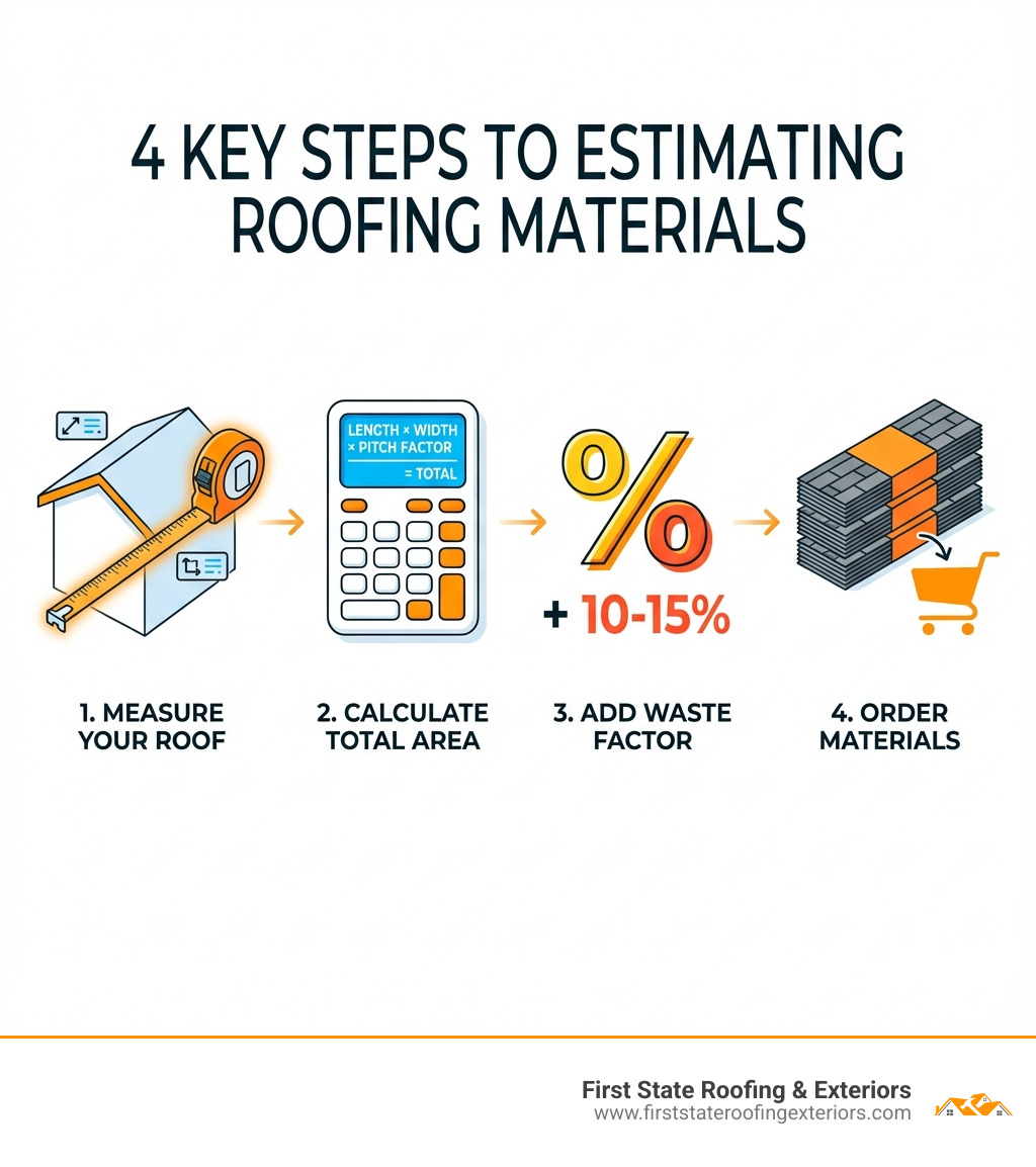 Infographic showing 4 key steps to estimating roofing materials: Step 1 shows a measuring tape over a roof diagram labeled Measure Your Roof, Step 2 shows a calculator with roof dimensions labeled Calculate Total Area, Step 3 shows a percentage symbol with plus 10-15 percent labeled Add Waste Factor, and Step 4 shows shingle bundles with a shopping cart labeled Order Materials - shingle calculator infographic Infographic showing 4 key steps to estimating roofing materials: Step 1 shows a measuring tape over a roof diagram labeled Measure Your Roof, Step 2 shows a calculator with roof dimensions labeled Calculate Total Area, Step 3 shows a percentage symbol with plus 10-15 percent labeled Add Waste Factor, and Step 4 shows shingle bundles with a shopping cart labeled Order Materials - shingle calculator infographic