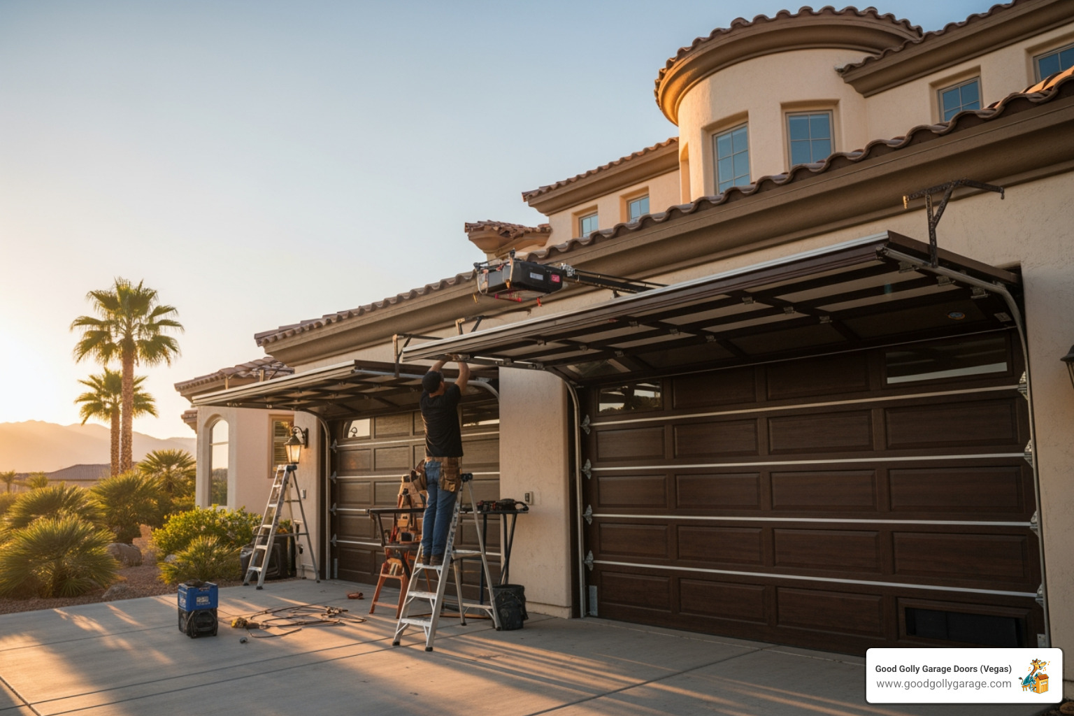 infographic showing key factors for large garage door service: desert climate impact (heat warping, dust infiltration, UV damage), heavy door requirements (high HP openers, reinforced springs, specialized tracks), and professional expertise (licensed technicians, 24/7 availability, upscale property experience) - Which Companies In Las Vegas Specialize In Garage Door Repair For Large Homes?"