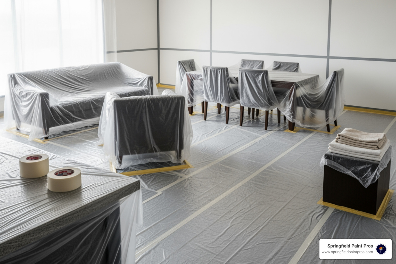 room prepped with plastic sheeting - Popcorn ceiling removal process