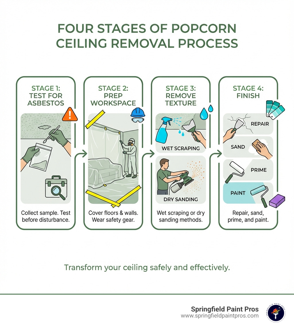 Infographic showing four stages of popcorn ceiling removal: Stage 1 - Test for Asbestos with sample collection, Stage 2 - Prep workspace with plastic sheeting and safety gear, Stage 3 - Remove texture using wet scraping or dry sanding methods, Stage 4 - Finish with drywall repair, sanding, priming and painting - Popcorn ceiling removal process infographic 