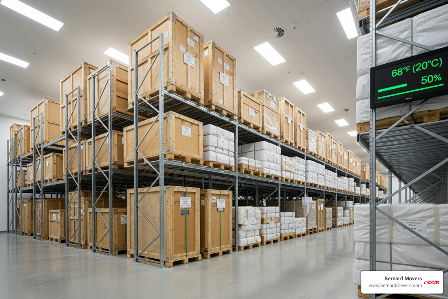 Interior of a clean, climate-controlled art storage unit - Fine art movers Interior of a clean, climate-controlled art storage unit - Fine art movers